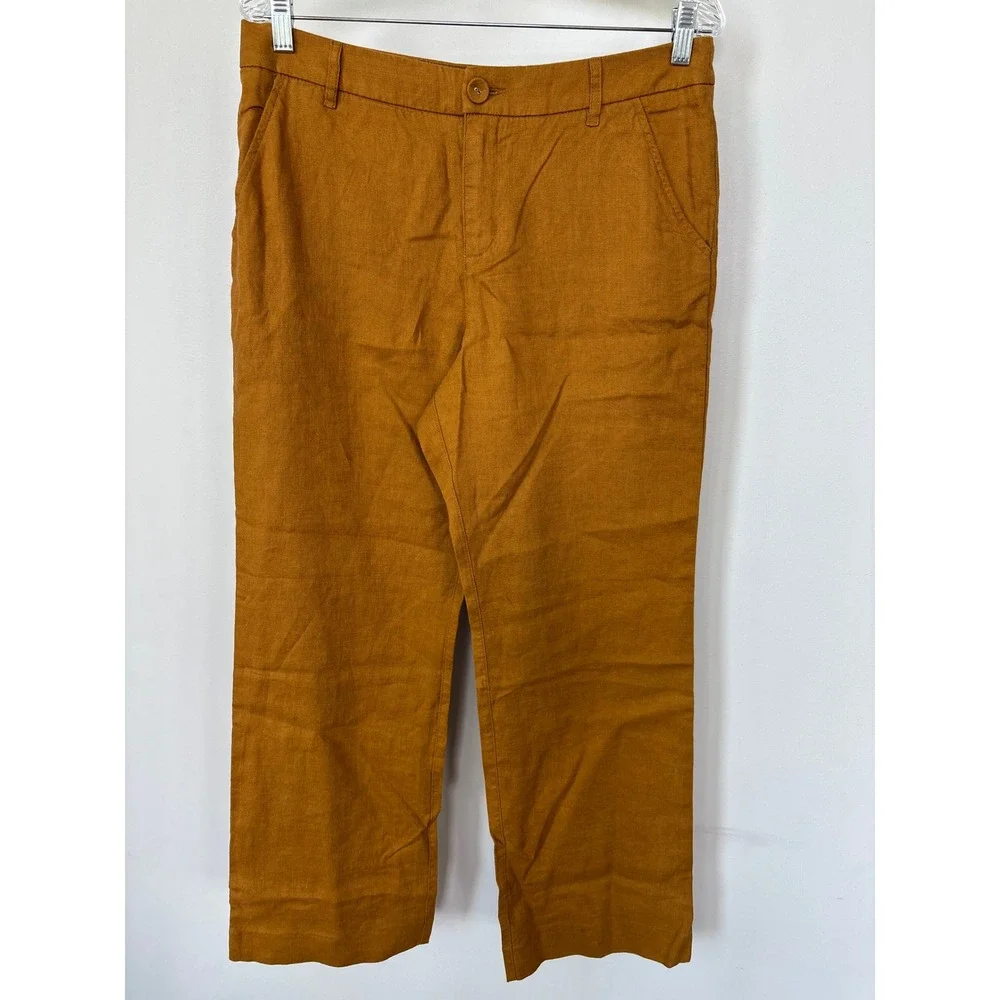 Garnet Hill European Flax Linen Straight Leg Pants Ochre Turmeric Size 8